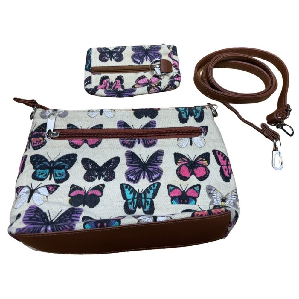 Butterfly Print Canvas & Faux Leather Crossbody & Coin Purse Set With Zippers &